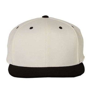 A Flexfit 110 Flat Bill Snapback hat with a structured six-panel design, made from acrylic/wool/spandex blend, photographed on a white background.