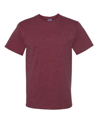 A pre-shrunk maroon Jerzees Midweight Dri-Power 50/50 T-Shirt made of cotton/polyester fabric, designed with moisture management performance, showcased against a white background.