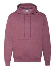 A pre-shrunk maroon Jerzees NuBlend pullover hooded sweatshirt made of cotton/polyester fleece.