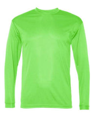 A C2 Sport Performance Long Sleeve T-Shirt by C2 Sport, in neon green with a round neckline, crafted from antimicrobial fabric and showcased against a white background.