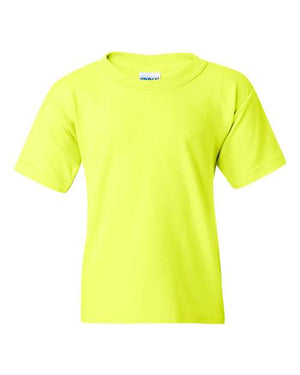 A Gildan Heavy Cotton Youth Safety T-Shirt on a white background.
