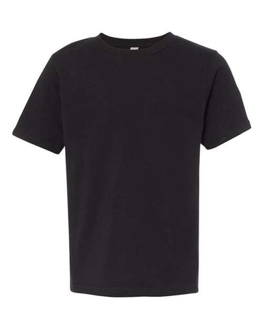 A Next Level Youth T-Shirt 100% Cotton in black, made of 100% combed cotton jersey, on a white background.