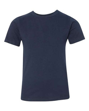 A Next Level Youth T-Shirt 100% Cotton, made from 100% combed cotton jersey, in navy color, on a white background.