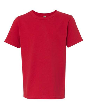 A red Next Level Youth T-Shirt 100% Cotton on a white background.