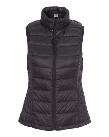 The Weatherproof Women's 32 Degrees Packable Down Vest is a black, quilted, weatherproof vest featuring a zip-up front and stand-up collar.