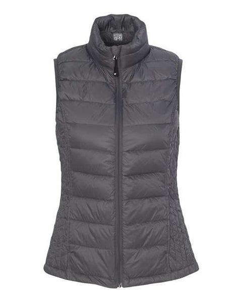 A gray, sleeveless, quilted puffer vest with a front zipper and high collar, this Weatherproof Women's 32 Degrees Packable Down Vest is the perfect companion for any outdoor adventure.