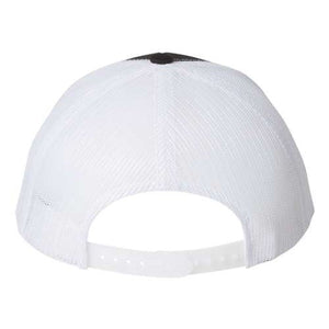 A YP Classics Six-Panel Retro Trucker Snapback Hat 6606 - Custom Leather Patch Hat | No Minimals | Volume Tiered Pricing with snapback closure on a white background.