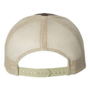 A beige YP Classics mesh trucker hat with a brown strap and snapback closure.