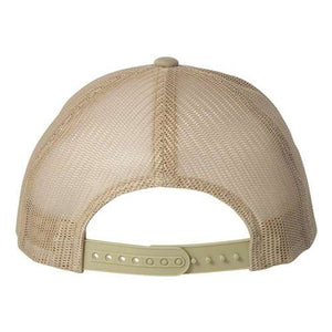 A beige YP Classics Six-Panel Retro Trucker Snapback Hat 6606 with a snapback closure for adjustable strap.