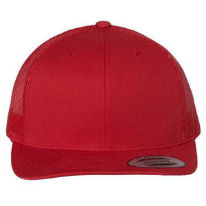 A YP Classics red trucker hat with a snapback closure on a white background.