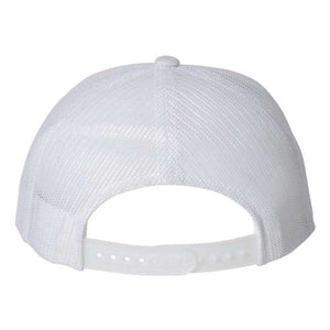 A YP Classics white trucker hat with a metal buckle and snapback closure.