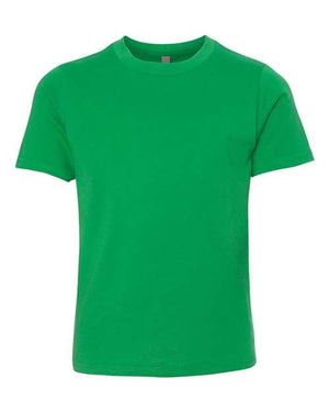 A Next Level Youth T-Shirt 100% Cotton green t-shirt on a white background.