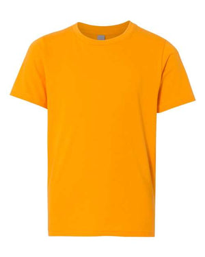 A Next Level Youth T-Shirt 100% Cotton in yellow, made with 100% combed cotton jersey and featuring a tear away label, displayed on a white background.