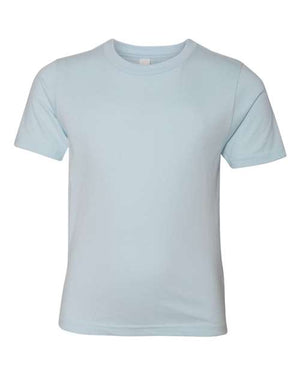 Next Level Youth T-Shirt 100% Cotton - A light blue t-shirt made of 100% combed cotton jersey with a tear away label, displayed on a white background.