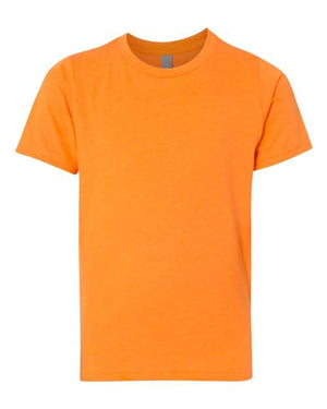 A Next Level children's orange t-shirt on a white background made from lightweight fabric for comfort.
