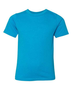 A Next Level Youth Blend CVC T-Shirt made with lightweight fabric, featuring a tear-away label, against a white background.
