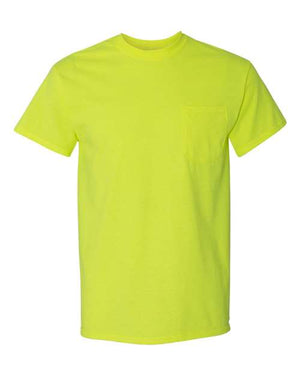 A Gildan Heavy Cotton Pocket T-Shirt Safety, made of cotton, featuring a rib collar and a convenient pocket.