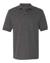 A charcoal grey JERZEES Midweight Polo Cotton Poly Blend SpotShield 50/50 short-sleeve shirt with a collar and two buttons.