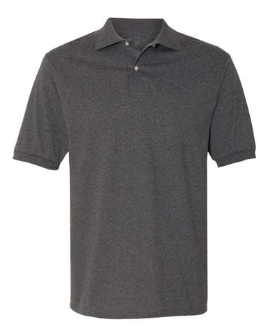 A charcoal grey JERZEES Midweight Polo Cotton Poly Blend SpotShield 50/50 short-sleeve shirt with a collar and two buttons.