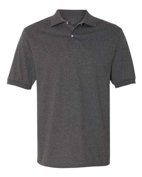 A charcoal grey JERZEES Midweight Polo Cotton Poly Blend SpotShield 50/50 short-sleeve shirt with a collar and two buttons.