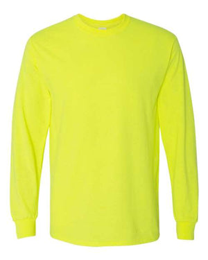 Neon yellow Gildan Heavy Cotton Long Sleeve Safety T-Shirt made from midweight cotton/polyester blend.