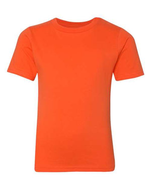 A Next Level Youth T-Shirt 100% Cotton in orange, featuring tear away label and made of 100% combed cotton jersey, on a white background.