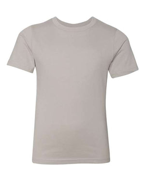 A grey Next Level Youth T-Shirt 100% Cotton on a white background.