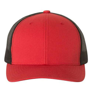 A YP Classics red and black mesh trucker hat with a snapback closure on a white background.