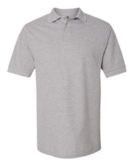 A JERZEES 100% Ringspun Cotton Pique Polo, featuring a collar and three buttons, in plain gray with short sleeves.