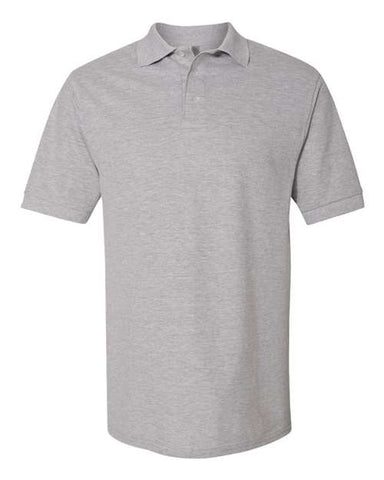 A JERZEES 100% Ringspun Cotton Pique Polo, featuring a collar and three buttons, in plain gray with short sleeves.