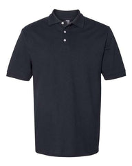 The Jerzees 100% Ringspun Cotton Pique Polo by JERZEES is a plain black polo shirt featuring short sleeves, a collar, and three buttons down the front. Made from 100% ringspun cotton, it is perfect for business apparel or as a bulk custom embroidered polo option.
