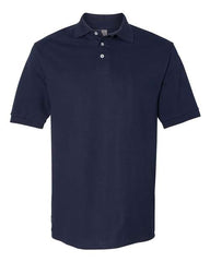 Introducing the Jerzees 100% Ringspun Cotton Pique Polo by JERZEES: a navy blue, short-sleeve polo shirt made from 100% ringspun cotton. It features a collar and three buttons, making it ideal for business apparel or as a bulk custom embroidered polo for team uniforms.