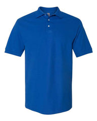 The Jerzees 100% Ringspun Cotton Pique Polo, by JERZEES, is a plain blue short-sleeve shirt featuring a collar and three buttons. Crafted from 100% ringspun cotton, it is ideal for business apparel or custom embroidered polos in bulk.