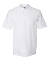 The JERZEES Jerzees 100% Ringspun Cotton Pique Polo is a plain white short-sleeve shirt, showcased on a white background. It's crafted from high-quality 100% ringspun cotton, making it an ideal choice for premium business apparel or bulk custom embroidered designs.