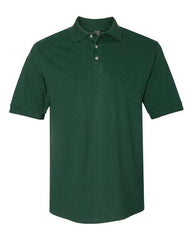 The JERZEES 100% Ringspun Cotton Pique Polo is a plain dark green short-sleeve shirt with three buttons. Crafted from 100% ringspun cotton, it is ideal for business apparel and can be customized in bulk with embroidery to suit any professional need.