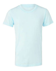 A light blue BELLA + CANVAS Youth Triblend T-Shirt made of comfortable and high-quality triblend material on a white background.