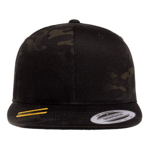 YP Classics 6089 Premium Flat Bill Snapback Cap - Custom Leather Patch Hat with yellow stripe, featuring a snapback closure.