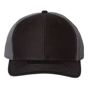 A Richardson 312 Twill Back Snapback Trucker Hat in black and grey on a white background.