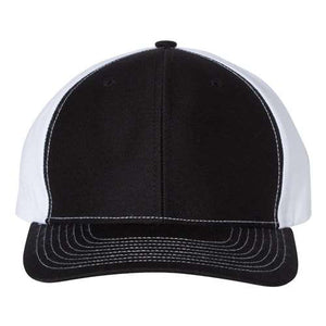 A black and white Richardson 312 Twill Back Snapback Trucker Hat on a white background.