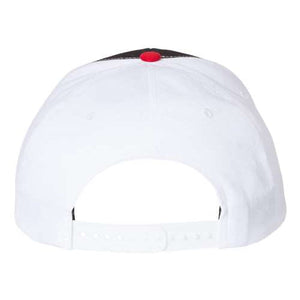 A white Richardson 312 Twill Back Snapback Trucker Hat with red accents.