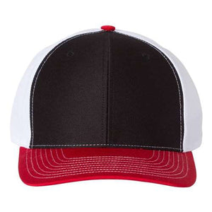 A Richardson 312 Twill Back Snapback Trucker Hat with a red and white stripe on a black polyester base.