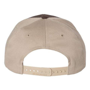 A stylish Richardson 312 Twill Back Snapback Trucker Hat in tan and brown with a brim.
