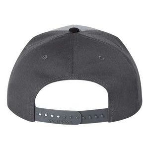 A Richardson 312 Twill Back Snapback Trucker Hat in grey with an adjustable strap.