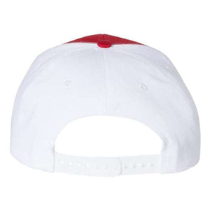 A Richardson 312 Twill Back Snapback Trucker Hat with custom leather patch on a clean white background.