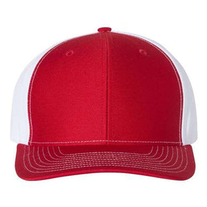A red Richardson 312 Twill Back Snapback Trucker Hat on a white background.