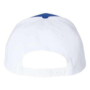 A Richardson 312 Twill Back Snapback Trucker Hat with custom leather patch on a white background.
