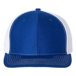 A blue and white Richardson 312 Twill Back Snapback Trucker Hat with a white brim.