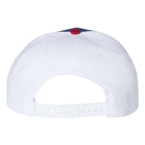 A Richardson 312 Twill Back Snapback Trucker Hat with red, blue, and white stripes.