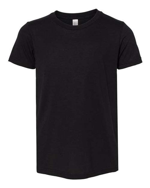 A BELLA + CANVAS Youth Triblend T-Shirt on a white background made of triblend material.