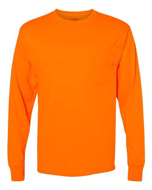 This Hanes men's orange long sleeve polo shirt features a pocket, making it suitable for certain work environments. It also has a tear away label for easy removal.